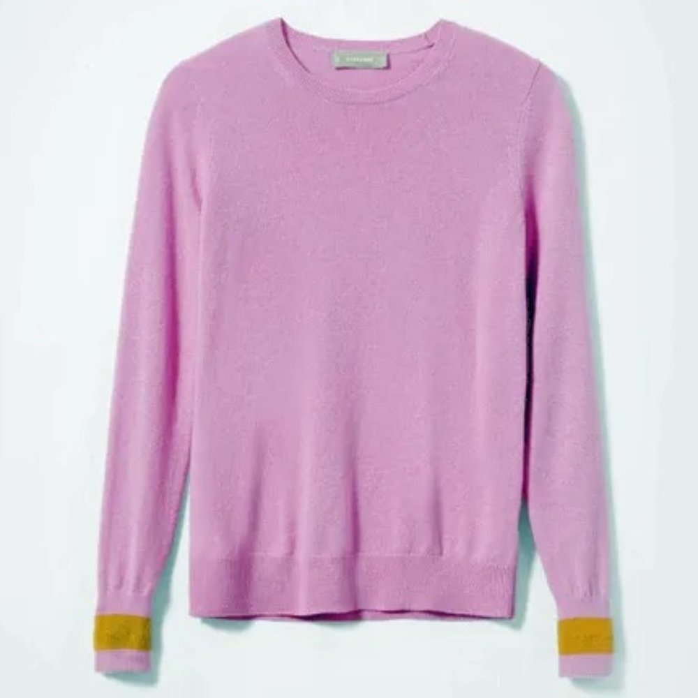 Everlane The Cashmere Crew Sweater - Pink with Yellow sleeve detail Size S NWT